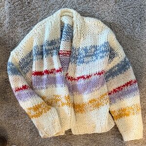 Anthropologie Chunky Cream Knit Cardigan with Multicolor Stripes